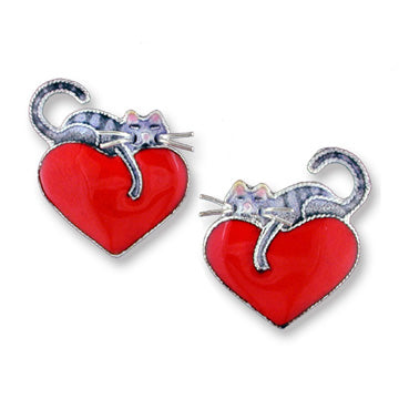 enameled sterling silver cat on heart earrings