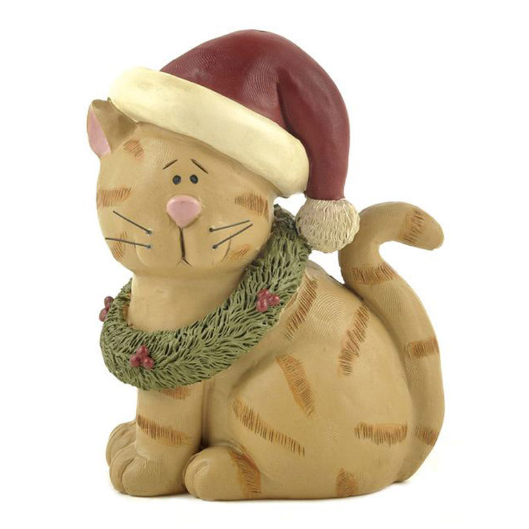 blossom bucket cat in santa hat with wreath figurine