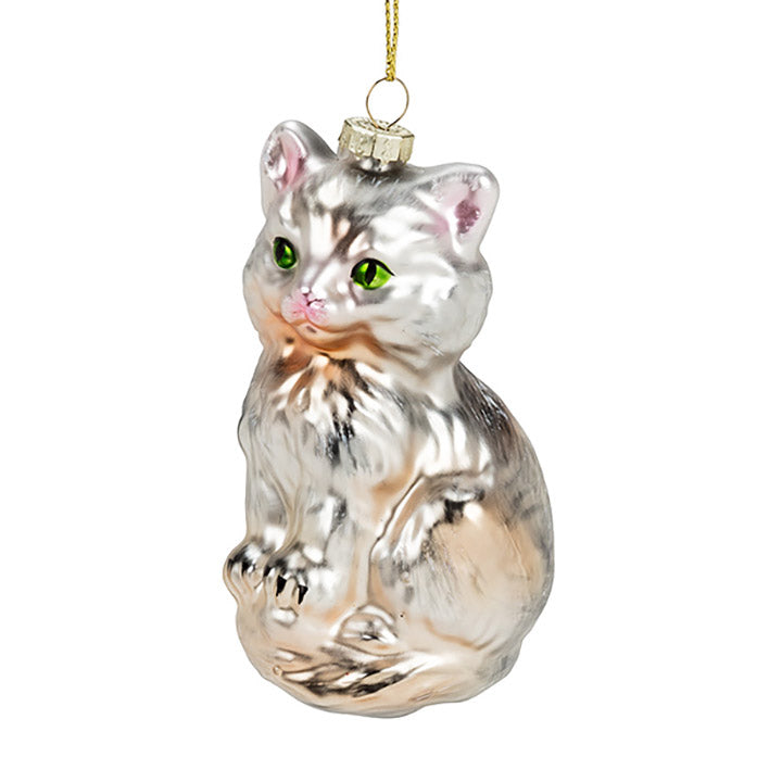 glass white cat with green eyes ornament